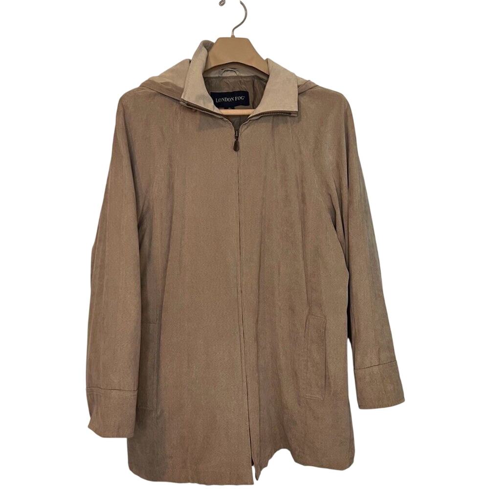 London Fog Womens Coat Tan Full Zip Removable Hood Pockets Lined Hip Length MED